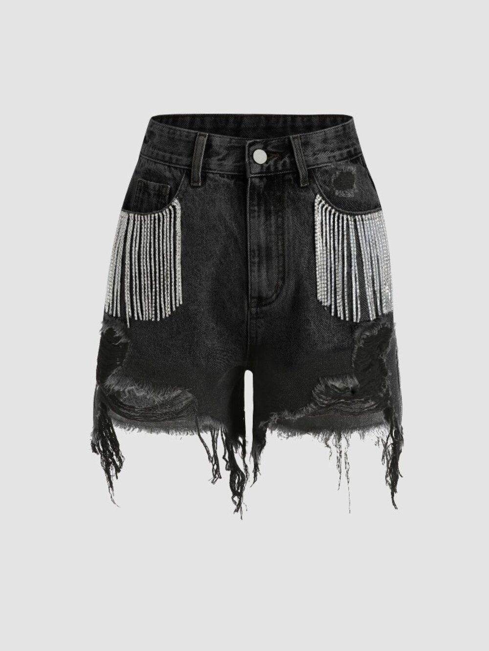 CIDER Rhinestone Diamond Tassels Bling Ripped Denim Jean Shorts | BLACK